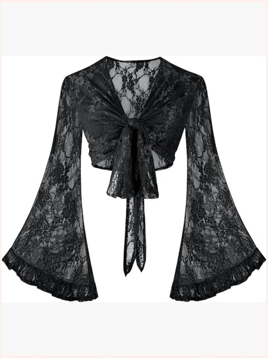 Tops - Flowy Lace Bell Sleeve Crop Top Boho Tie Front Blouse Rave Festival Hippie